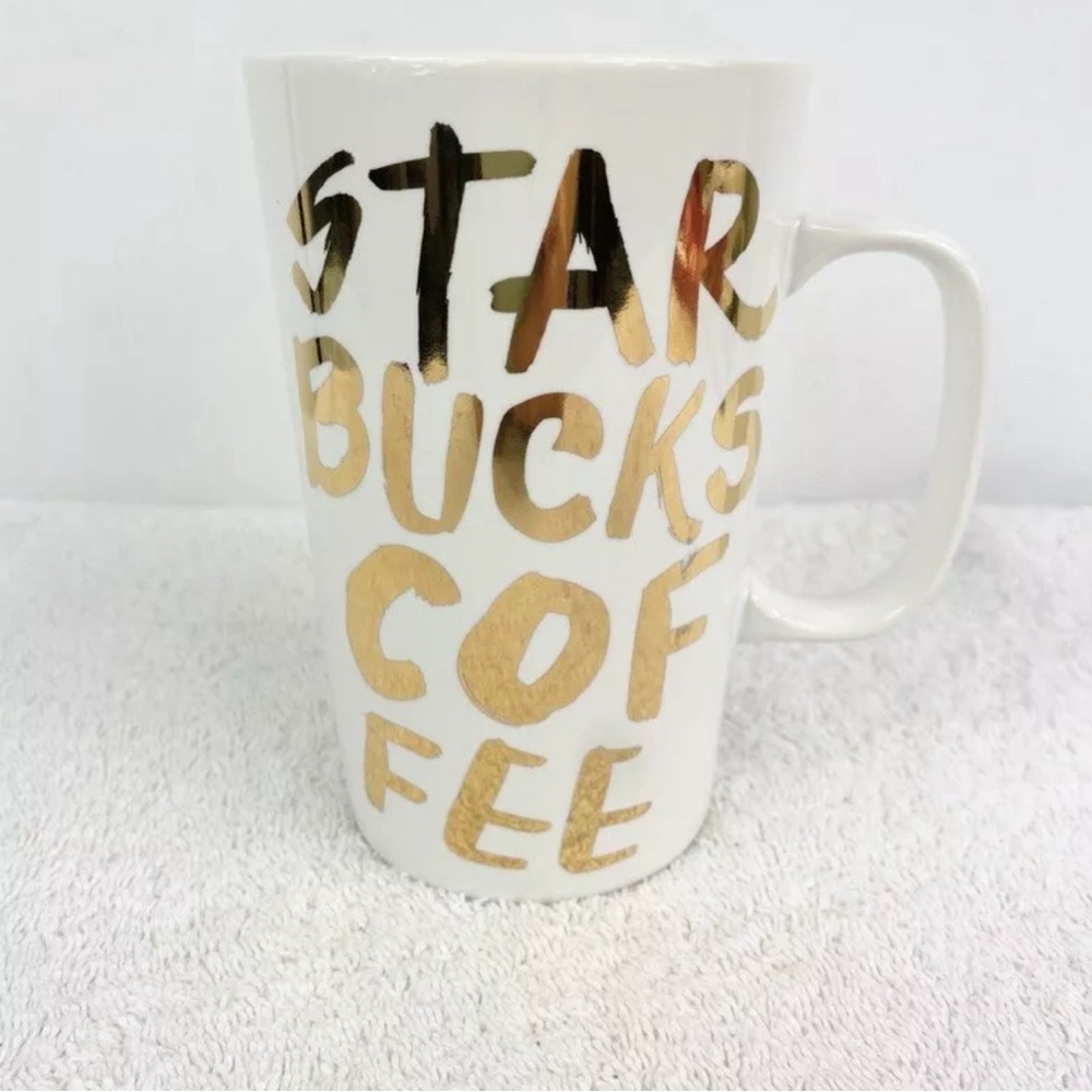 𝅺STARBUCKS 16fl oz Coffee Mug Gold Graffiti White With A Lid